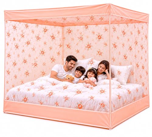 Image of ANS Floral Mosquito Net for Bed with Cotton Border | 7 x 7 Ft King Size Bed Net | Fine Mesh Breathable Fabric | Box Type Hanging Mosquito Net for Family & Kids (Peach Floral)