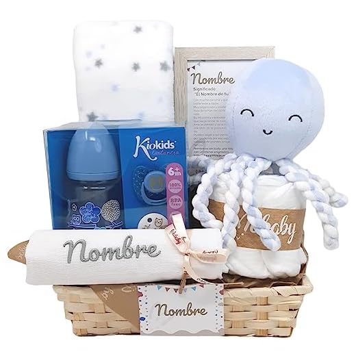 Canastilla Personalizada Recién nacido - Mi Bibi de Mababy - Manta Coralina y Peluche Pulpo, Muselina de Lactancia Personalizada - Regalo de Nacimiento.… (Azul)