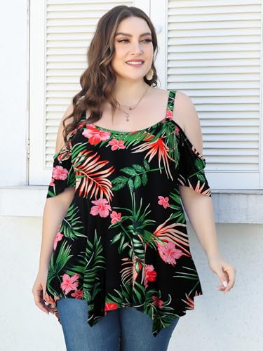 Image of LARACE Cold Shoulder Tops for Womens Summer Clothes Spaghetti Strape Tunic Oversized Shirts Asymmetrical Plus Size Blouse