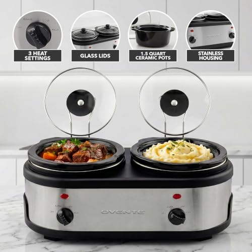 Image of OVENTE Double Slow Cooker, 3Qt Buffet Server, Silver SLO215BR | Dual 1.5Qt Pots, Adjustable Heat Control, Easy to Serve & Clean, Perfect for Entertaining, Space-Saving Design