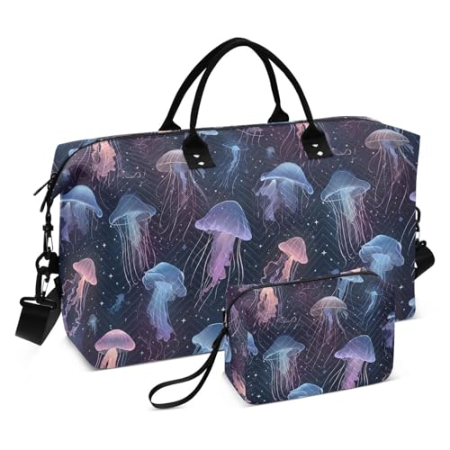 Beautiful Jellyfish Blue Large Travel Duffle Bag Weekender Overnight Bags Gym Yoga Bag for Women Men with Toiletry Bag