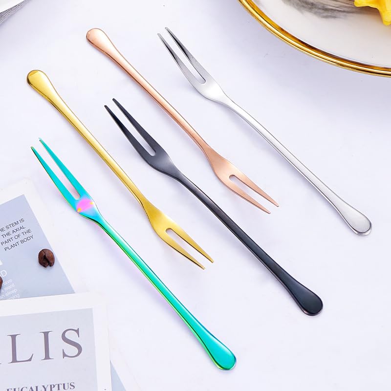ONUIFIKE Silverware Set, 1/4/6/8/10/12 Pieces 304 Stainless Steel Fruit Fork Cake Dessert Fork Two-tine Fork Household Fruit Fork, Home Cutlery Flatware Set(Rainbow,12Pcs)