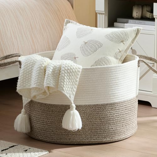 Image of Luxury Little XXXL Nursery Storage Basket, 22 x 22 x 14 inches - 100% Cotton Rope Baskets with Handles, Laundry Basket for Toys, Blankets and Pillows - Off White & Beige