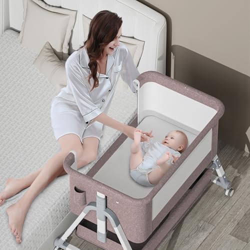 Jaoul 4 in 1 Baby Bassinet Bedside Sleeper Baby Crib, Adjustable Cosleeper for Baby, Easy Folding Portable Baby Bed Rocking Bassinets with Comfy Mattress Mosquito Net Storage for Infant Newborn Khaki