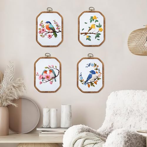 Image of ORIGACH 4 Set Embroidery Kit for Beginners Adults, DIY Hummingbird and Flower Embroidery Starter Kit with Stamped Patterns Instructions Embroidery Hoop Needles Threads for Crafting