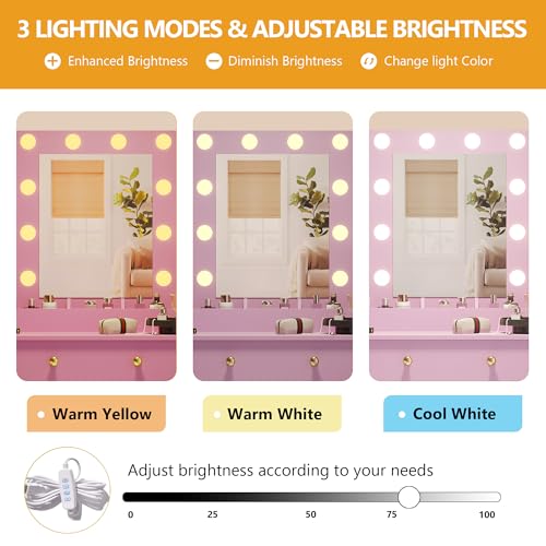 Image of Wodeer Makeup Vanity Desk with Mirror and Lights, 43 inch Purple Vanity Set with 3 Drawers, Power Outlet & Adjustable RGB LED Lights, Dressing Table with Storage Shelf for Women & Girls Bedroom