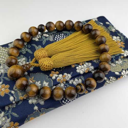 WONDERFUL LOTUS 妙|蓮|花 数珠 男性用 黒檀 黒オニキス 虎目石 22玉 念珠 正絹2色房 数珠袋付き 略式数珠 高級 数珠 葬儀 葬式 男性用 法事 法要 すべての宗派 マイ数珠 (09虎目石, 正絹金色房)