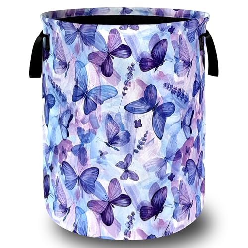 Image of Blue Purple Butterfly Laundry Basket Foldable With Handles Tote Bag Oxford Cloth Colorful Laundry Hamper Clothes Storage Bucket Toy Organizer 18.9" x 16.5" For Bathroom/Laundry/Bedroom