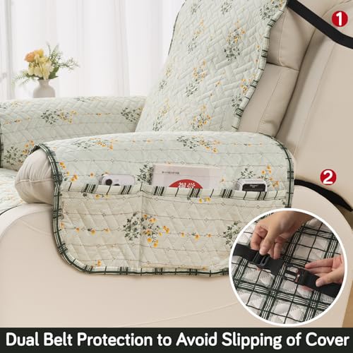 Image of HOKIPO 'HomeHues Series' Quilted Cover for Recliner Sofa 1 Seater with SecureFit Belt & Side Pocket, Light Green Ash Gypsy Flower (IN-828-D5)