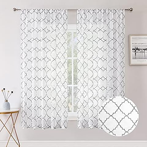 Tollpiz Moroccan Sheer Curtains Grey Diamond Embroidery Bedroom Curtain Rod Pocket Voile Faux Linen White Sheer Curtains for Living Room, 54 x 63 inches Long, Set of 2 Panels Cover