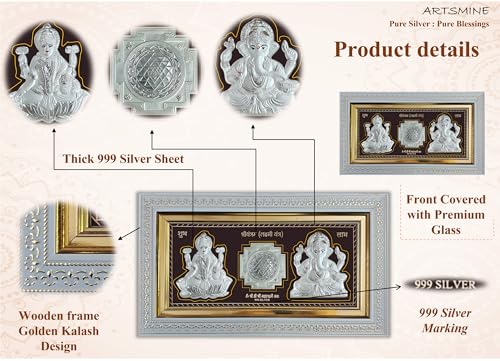 Image of Pure 999 Silver Lakshmi Ganesha Wall Frame - Lakshmi Yantra & Mantra Design|Certified Silver Art|Premium Wooden Frame|Ideal for Home & Office Decor - 1 x Unit