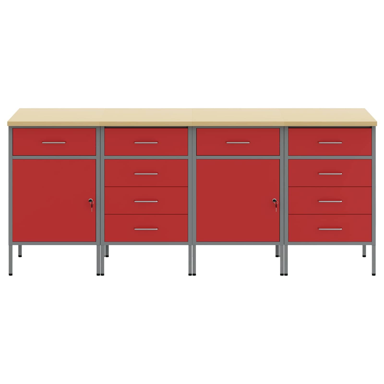 Banco da Lavoro Moderno con 4 Cassetti Rosso e Grigio 200 x 55 x 85 cm in Legno e Acciaio Robusto Banco da Lavoro per Officina Design Loft Industrial Storage Versatile