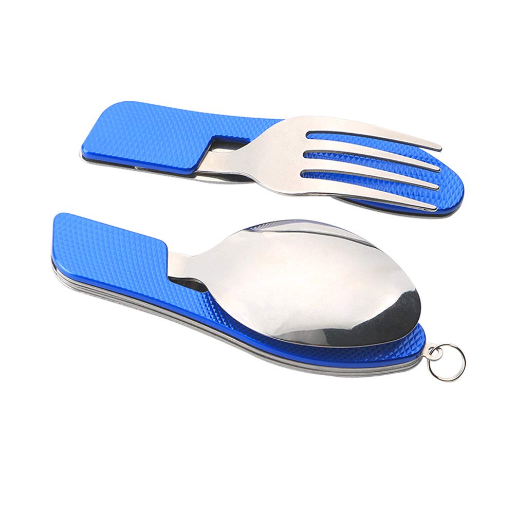 Lot de 2 couverts de camping 4 en 1 - Couverts pliants - Acier inoxydable - Extérieur - Couteau, fourchette, cuillère, décapsuleur (bleu)