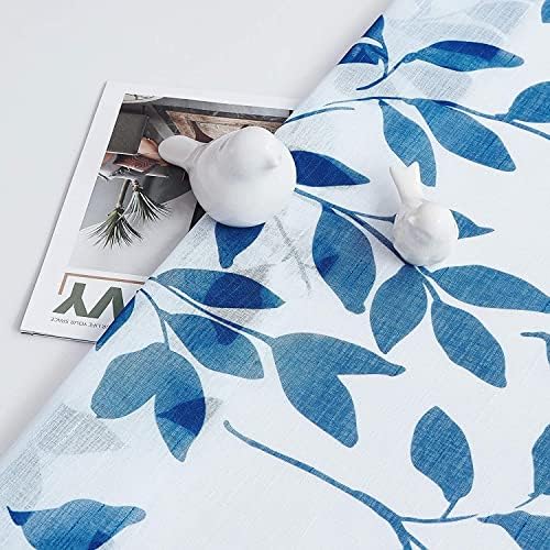 Blue and White Sheer Drapes for Bedroom Kids Room Linen Textured Semi Sheer Curtains Light Filtering Modern Leaf Print Navy Sheer Curtain Panels for Nursery Play Room, 50 W x 54 L , 1 Pair