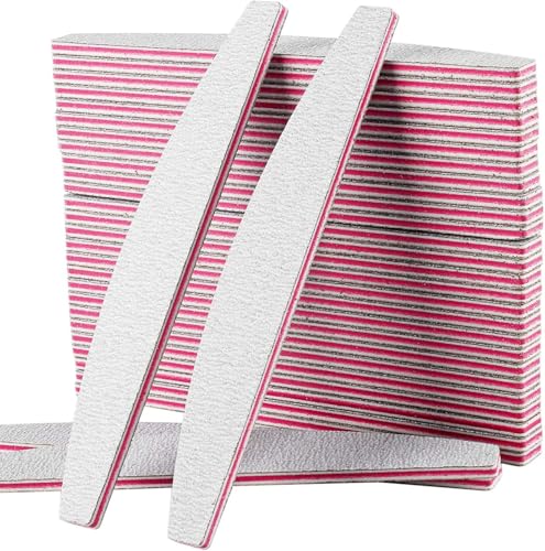 NVGFTG 50 Stück Nagelfeile 100/180, Halbmond Nagelfeilen für Gelnägel, Doppelseitige Nagelfeilen Set, Nail File, Grit Einweg Nail Feilen für Nagelstudios DIY Nail Art Zuhause (Rot)