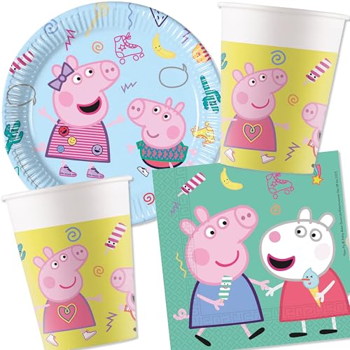 Kit de fête 36 pièces « Peppa Pig » avec assiettes en carton + serviettes + gobelets en carton pour anniversaire d'enfant et fête à thème | Assiettes,...