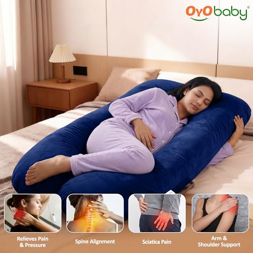 Image of OYO BABY Pregnancy Pillows for Women U-Shape Full Body Pillow | Head-to-Toe Maternity Support for Back, Hips, Legs & Belly | Removable Washable Velvet Cover (Royal Blue)