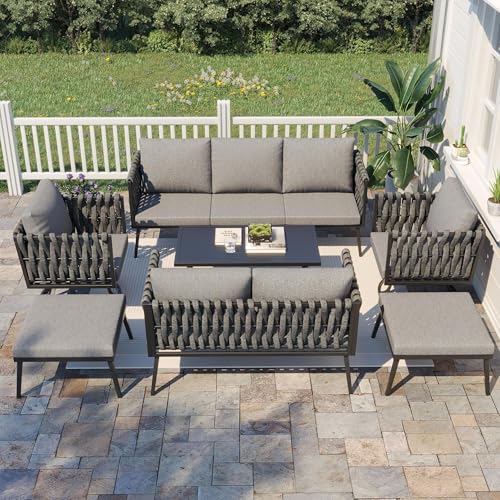 HOMREST-7-Pieces-Metal-Patio-Furniture-Set-Outdoor-Aluminum-Furniture-wLoveseat-2-Swivel-Chairs-Ottoman-Woven-Rope-Modern-Patio-Conversation-Set-for-Balcony-Garden-Yard-9-Seats-Grey HOMREST 7 Pieces Metal Patio Furniture Set Outdoor Aluminum Furniture wLoveseat 2 Swivel Chairs Ottoman Woven Rope Modern Patio Conversation Set for Balcony Garden Yard 9 Seats Grey