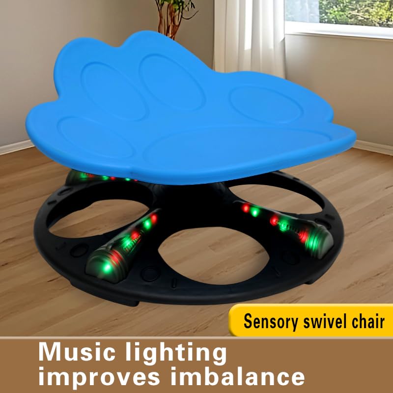 Drehstuhl Kinder Autismus mit Griff, 360° Karussell Adhs Stuhl Sensorik Spielzeug mit Musikfunktionen und Bluetooth, Autismus,Adhs Hilfsmittel, Spielzeug, 55 * 55cm (Blau + Schwarz)