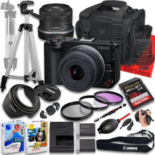 Image of Canon EOS R50 V Mirrorless Camera with RF-S 18-45mm f/4.5-6.3 is STM Lens + 128 GB Memory + Extra Battery + Camera Case + Tripod + More (19pc Bundle) (Renewed)