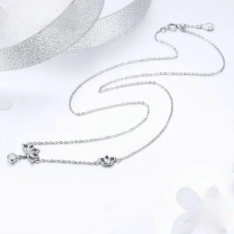 Image of 925 Sterling Silver Lotus Necklace For Women - 14K Gold Filled Lotus Flower Original Pendant Necklaces Lotus Leaf Necklace, Lotus Flower Pendant Necklace, Lotus Flower Necklace