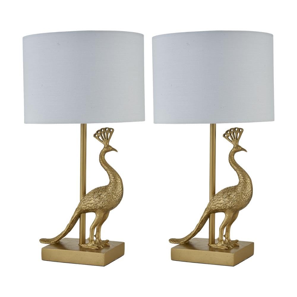 Firstchoicelighting Gold & White Set Of 2 Gold Peacock Table Lamps Or Bedside Lights With White Fabric Shade, Resin Base, Height 41Cm, Led Compatible