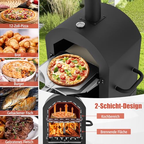 COSTWAY Pizzaofen Outdoor, holzbefeuerter Pizza Ofen mit eingebautem Thermometer, praktischem Griff, Rädern, wasserdichter Abdeckung & Ascheauffangschublade