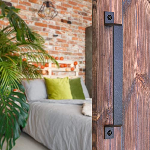Image of 12 Inch Straight Bar Barn Door Handle - Black Cast Iron Pull for Sliding Doors, Gates, Sheds, Fences, Closets - Indoor Outdoor Farmhouse Hardware