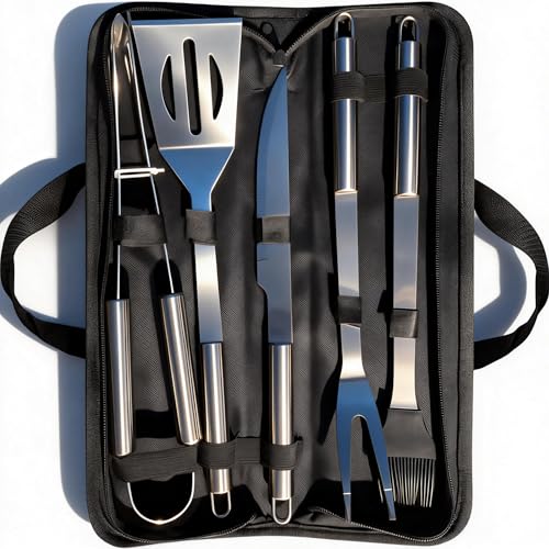 PTAPIPI :Set d’Ustensiles de Barbecue 5 Pièces en Acier Inoxydable avec Étui – Idéal pour Les Hommes, Parfait pour la Cuisine, Le Camping, Le Barbecue,...
