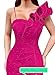 VFSHOW Womens Ruffle One Shoulder Strap Ruched Formal Prom Wedding Maxi Dress V Neck Elegant Split Cocktail Evening Long Gown (Sparkly Hot Pink, Small) 10752 HPIK S