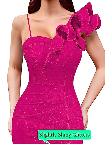 Image of VFSHOW Womens Ruffle One Shoulder Strap Ruched Formal Prom Wedding Maxi Dress V Neck Elegant Split Cocktail Evening Long Gown