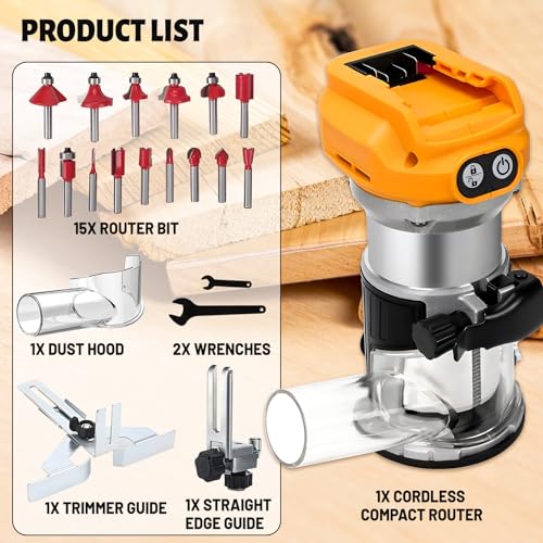 Cordless Wood Palm Router for Dewalt 18-21V Battery, 800W 30000 RPM Brushless Handheld Palm Routers with 6 Speeds for Woodworking Hand Edge Trimmer with 15pcs 1/4" Shank Router Bits 9 Cordless Wood Palm Router for Dewalt 18-21V Battery, 800W 30000 RPM Brushless Handheld Palm Routers with 6 Speeds for Woodworking Hand Edge Trimmer with 15pcs 1/4" Shank Router Bits - Image 9