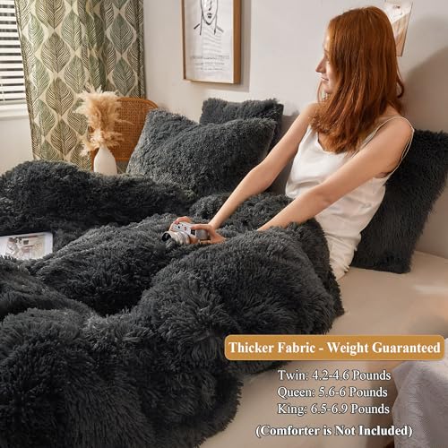 Image of XeGe Plush Shaggy Duvet Cover, Luxury Ultra Soft Crystal Velvet Fuzzy Bedding 1PC(1 Faux Fur Duvet Cover), Fluffy Furry Comforter Cover with Zipper Closure(King, Dark Gray)