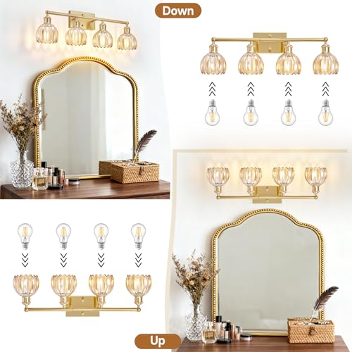 Image of Bathroom Light Fixtures Over Mirror, 27.2 in Vintage Bathroom Light Fixture 4 Light,Antique Brass Wall Sconce with Amber Tulip Glass Shade for Bedroom Living Room,Foyer,Hallway, E26 Base
