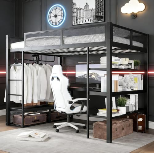 Image of Bellemave Queen Size loft Bed with Desk and Storage Shelves and Hanging Rod, Metal Queen Loft Bed Frame for Adults, Kids, Teens, Black