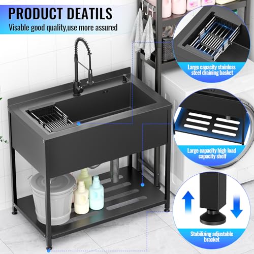 Image of Stainless Steel Utility Sink, 41.7 inch x 23.2 inch x 38.9 inchFreestanding Sink with Cold and Hot Water Faucet,Hoses and Drain Kit for Kitchens, Bathrooms, Garage, Laundry Room