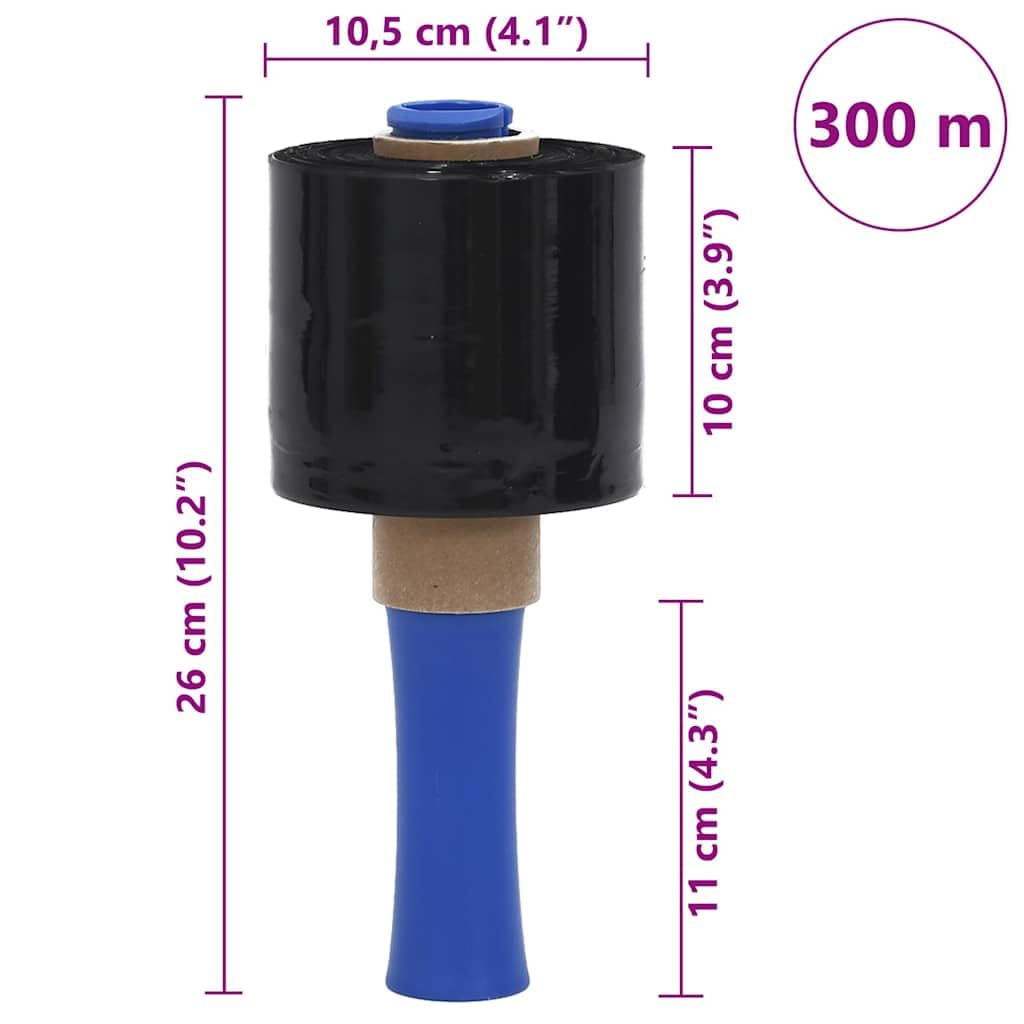 Folie stretch czarne 23 μm 10 cm x 300 m PE materiał opakowaniowy 10 szt. z uchwytem do kartonu, materiałów wysyłkowych, tapicerki i ochrony transportowej, wszechstronne zastosowanie, ochrona