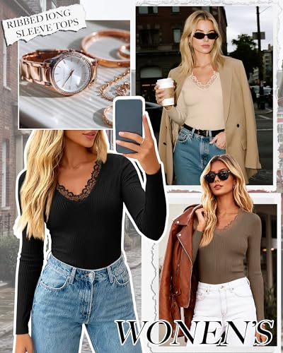 3 Pack Women's Cotton Long Sleeve Tops V Neck Ribbed Knit Lace Sexy Shirts Slim Fit Dressy Casual Tight Basic Tees2