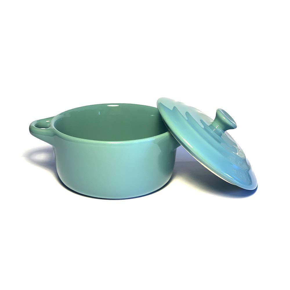Hobby Tech Lot de 6 Mini Cocottes Bleues Turquoises Céramique Double Poignées avec Couvercle 13,5cm x 8cm Contenance Moule 200ml Ramequin Résistant Haute Température Four (Bleues Turquoise, Lot de 6)