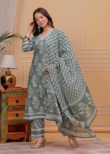 Image of MEERA FAB Women's Cotton Blend Straight Printed Kurta with Palazzo & Dupatta