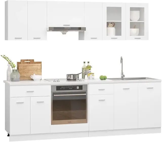 Juego de 8 Armarios de Cocina Lyon en Madera de Ingeniería Blanca - Muebles de Cocina en Kit Baratos