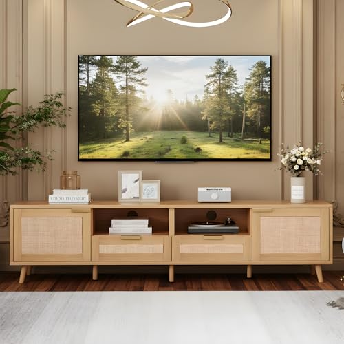 Virubi Rattan TV Stand for TVs up to 85'', Boho Entertainment Center with 2 Doors & 2 Drawers, Solid Wood Feet, Vintage Console Table for Living Room
