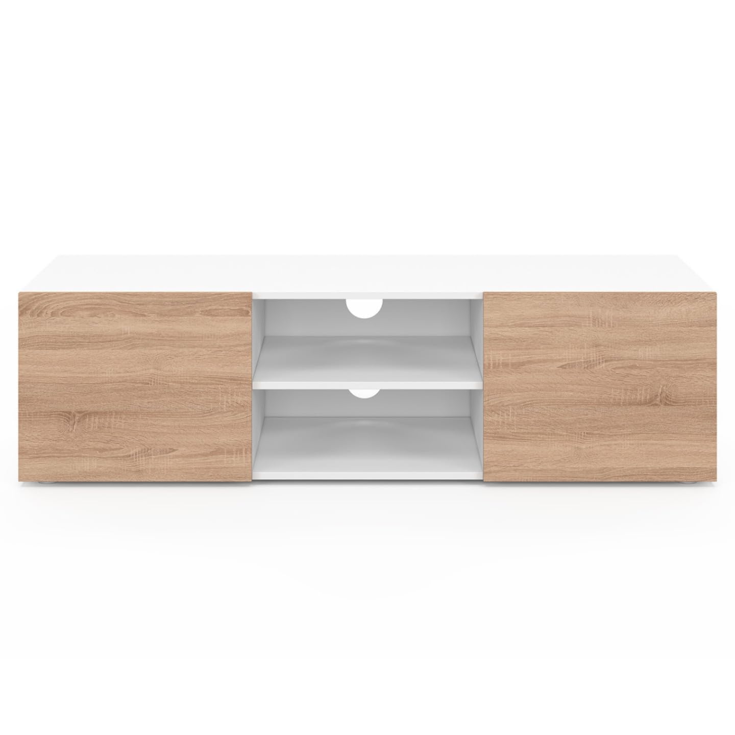 IDMarket - Meuble TV 113 cm ELI Blanc Portes façon hêtre