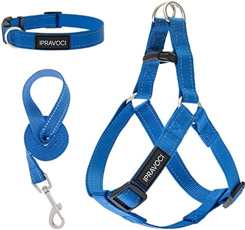 IPRAVOCI No Pull Dog Harness - Step in Dog Harness and Leash for Small Medium Large Dogs - Reflective Adjustable Nylon Walking Running Training Outdoor Halter Dog Harness Leash Collar Set