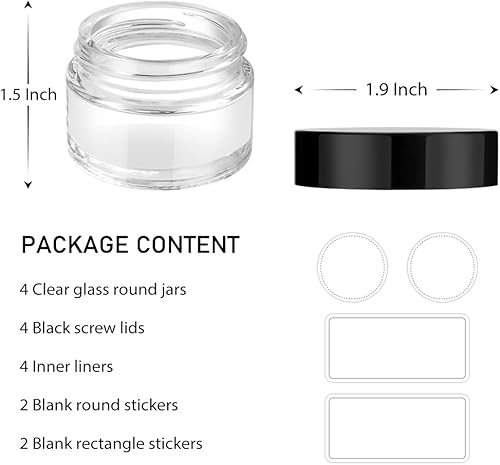 Miniatura 5 de Tecouhouse - Recipientes pequeños de vidrio con tapas, tarros de vidrio de 1 onza con tapas negras y calcomanías, mini recipiente vacío reutilizable