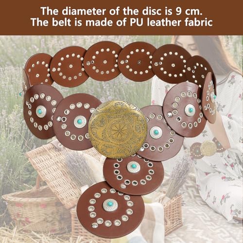 Western Wide Disc Belts for Woman, Leather Concho Cowgirl Boho Cowboy Belt, Vintage Country Waist Belts for Dress3