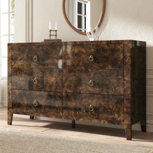 Image of AMERLIFE 47 inch Wide 6 Drawer Dresser with High Gloss Burl Wood, Brown | Mid-Century Modern Dresser & Chest of Drawers, Anti-Tip Storage Organizer for Bedroom, Living Room, Office, and Entryway