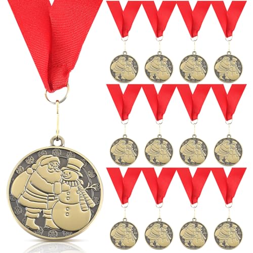 Loetere 12 Pcs Christmas Santa Medals 2 Inch Gold Christmas Snowman Trophy Awards with Red Neck Ribbons for Xmas Trophy Gift Holiday Party Ornaments Decor Prizes