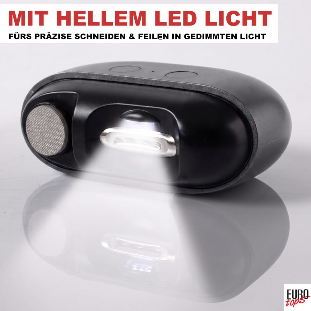 EUROtops Nageltrimmer mit LED, Feile/Polierfunktion, elektrischer Nagelschneider für Fingernägel, 2 Leistungsstufen, Akku, USB, präzise Nagelpflege, Nail Clipper/Nagelknipser, grau