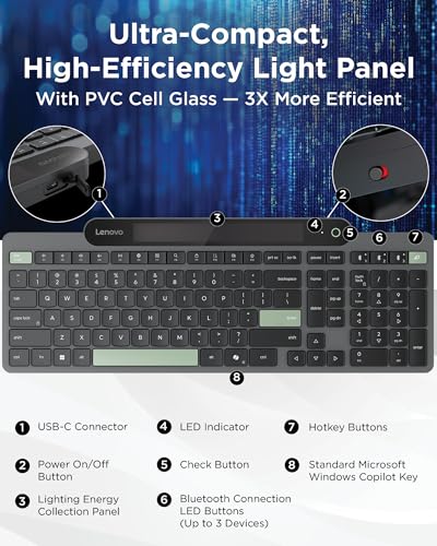 Image of Lenovo 800 Self-Charging Bluetooth Keyboard, Uses Ambient Light for Charging, Bluetooth 5.1, Supports 3 Devices, Battery Free, Wireless, Grey
